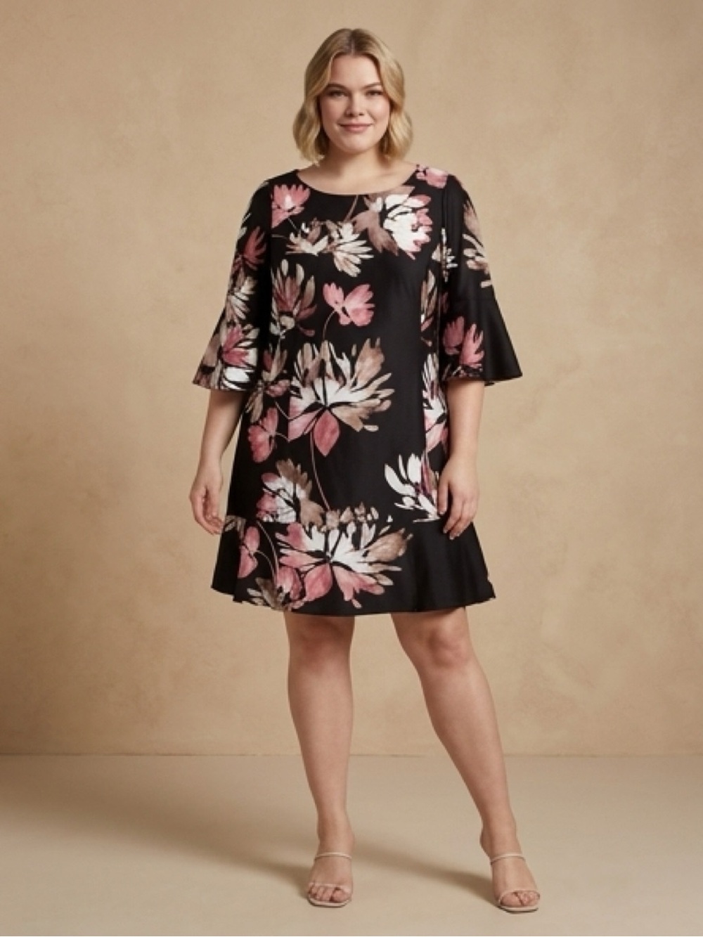 Vince Camuto 18W Women's Black Floral Swing Dress - Pink & Cream Print